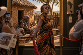 AI illustration of a woman stepping out of a museum frame past tourists photographing her, questioning community-based tourism in Africa